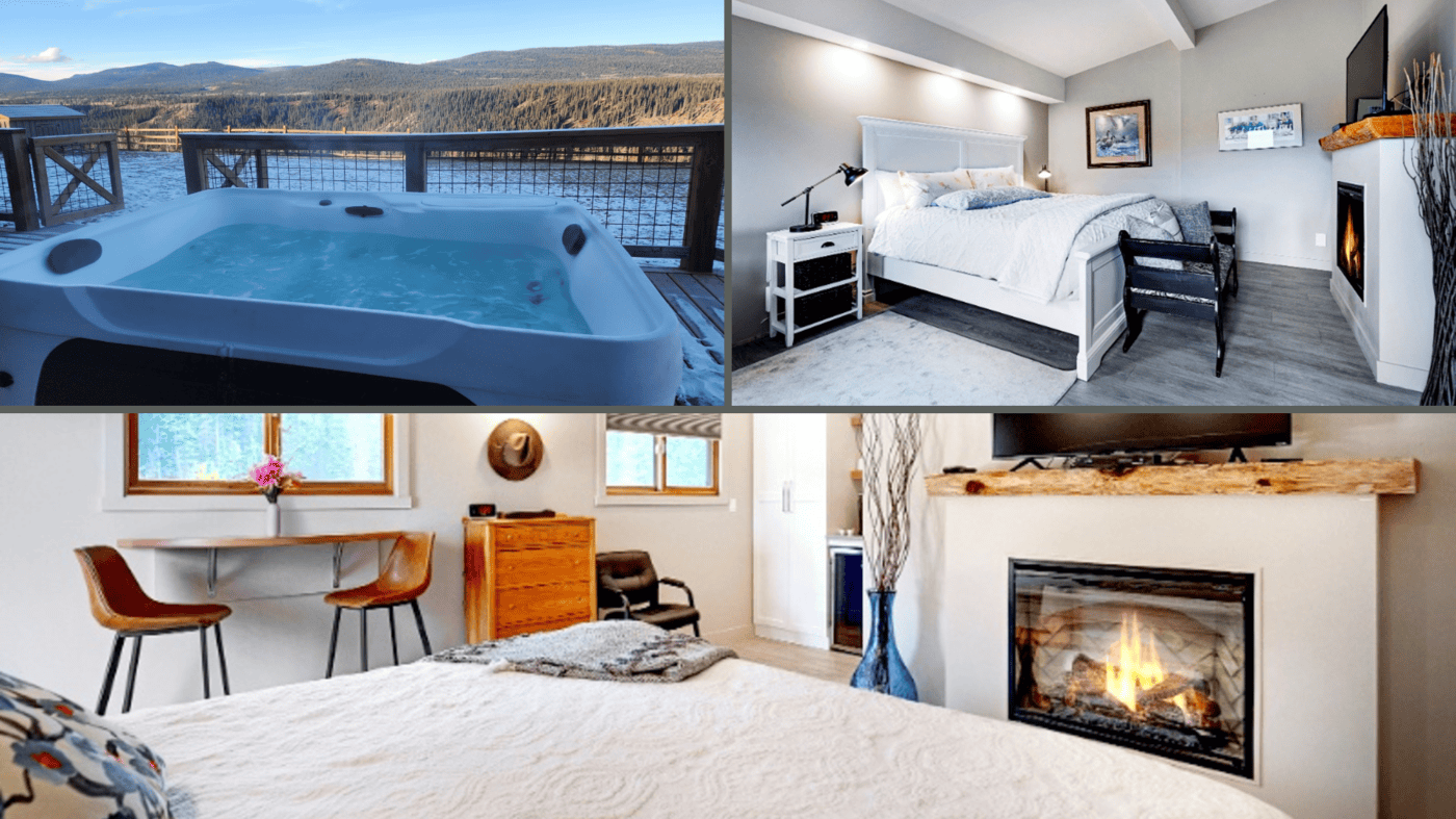 Rocky Mountain View BnB interiors with cozy fireplace, luxury bed, and outdoor hot tub with scenic views