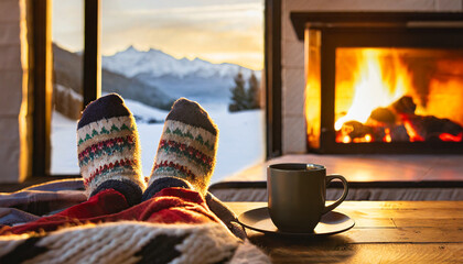 someone wearing cozy socks lying in front of a blazing fireplace with a mug on the table beside them.