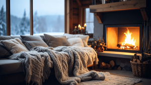 couch with cozy blanket by fireplace in b&b hinton alberta