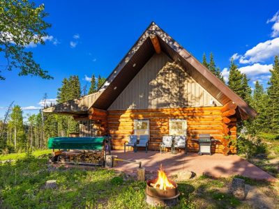 Log cabin with outdoor firepit at Rocky Mountain View BnB